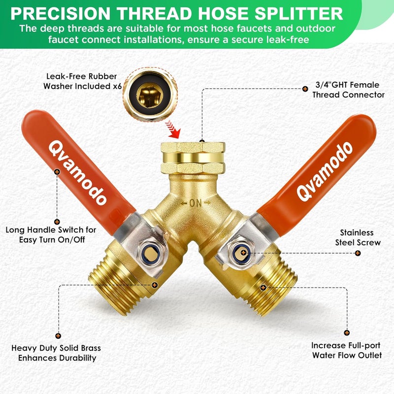 Qvamodo Hose Splitter 2 Way Heavy Duty Garden Hose Y Splitter with Shutoff, Garden Hose Splitter with 304 Stainless Steel Long Handle Outdoor Full Flow Y Valve 3/4 Inch GHT Thread Y Connector for Garden Hose - Image 2